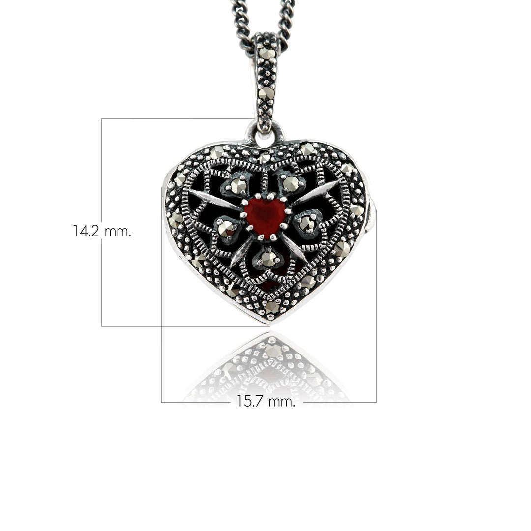 Jugendstil-Halskette mit rundem Granat und Markasit-Herz aus 925er Sterlingsilber