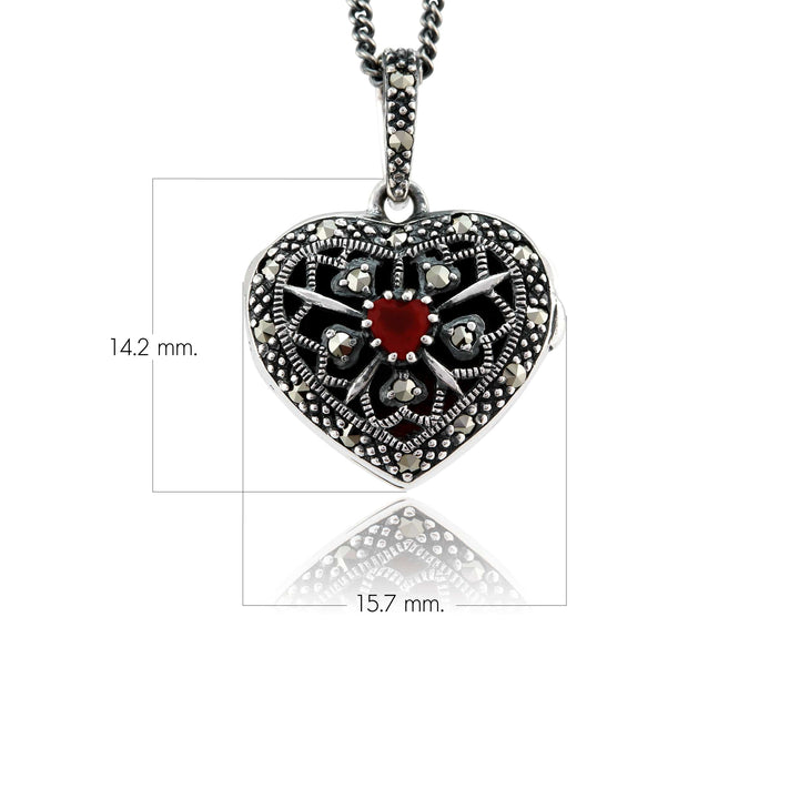 Jugendstil-Halskette mit rundem Granat und Markasit-Herz aus 925er Sterlingsilber