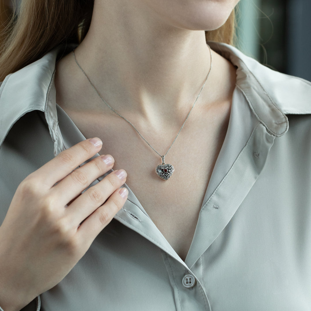 Jugendstil Herz Karneol & Markasit Medaillon an Kette in 925 Sterling Silber