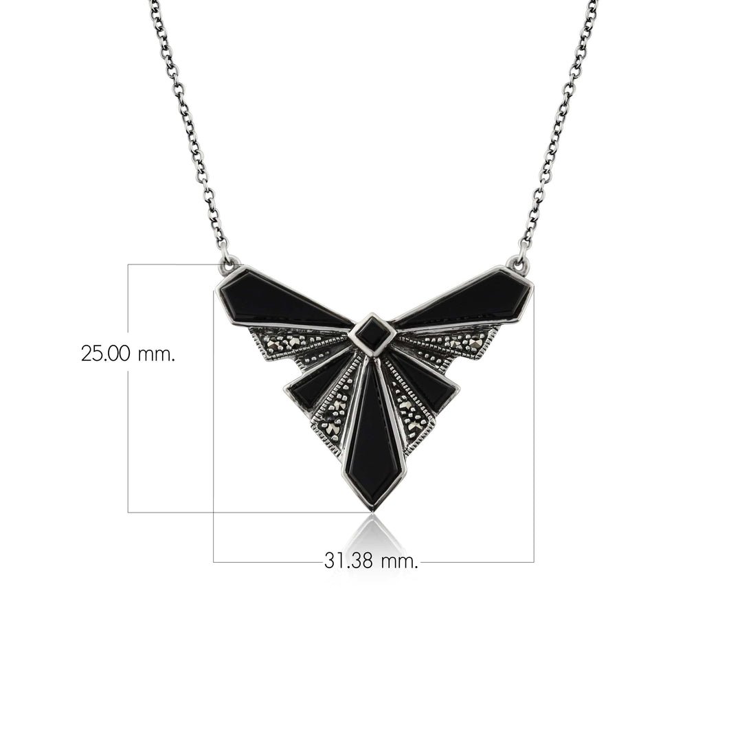 Halskette aus schwarzem Onyx-Cabochon und Markasit im Art-Deco-Stil aus 925er Sterlingsilber
