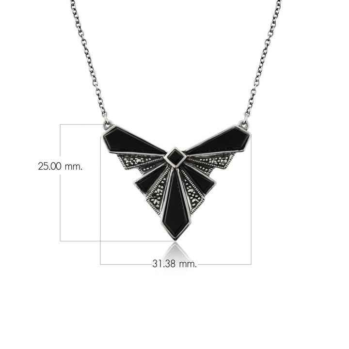 Halskette aus schwarzem Onyx-Cabochon und Markasit im Art-Deco-Stil aus 925er Sterlingsilber