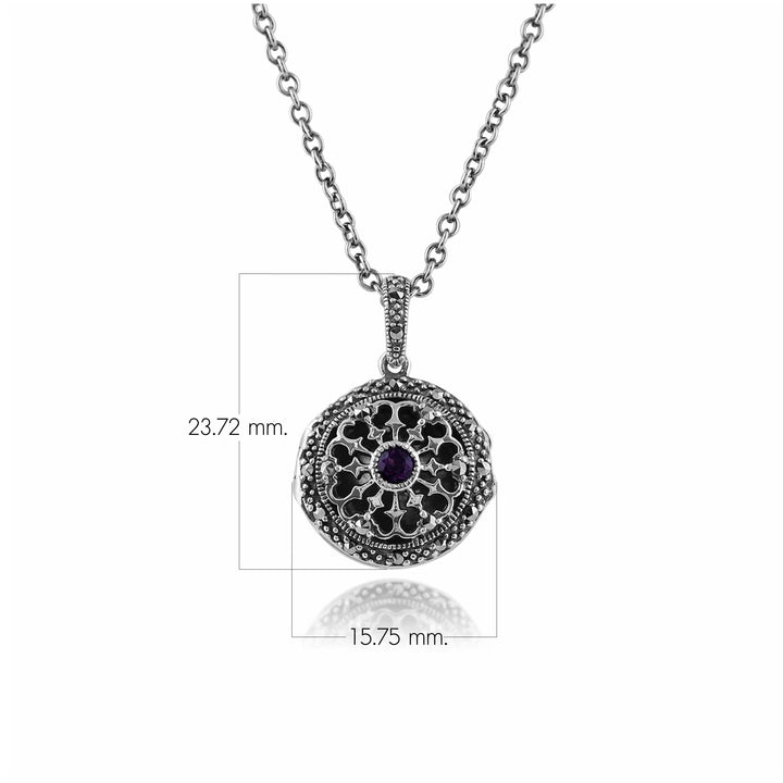 Rundes Medaillon im Jugendstil mit Amethyst und Markasit an einer Kette aus 925er Sterlingsilber