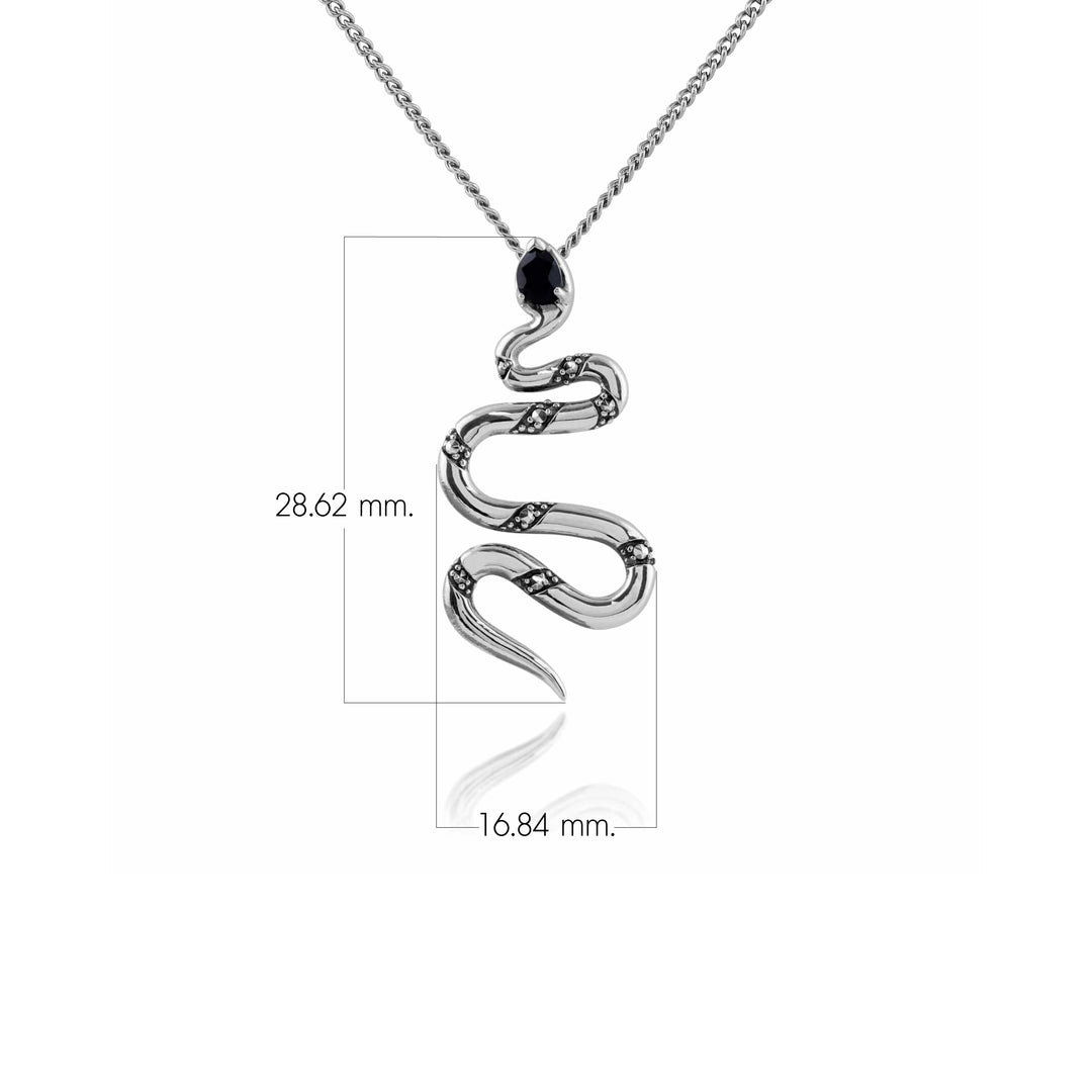 Birnen-Halskette mit schwarzem Spinell und Markasit-Schlange im Art-Deco-Stil aus 925er Sterlingsilber