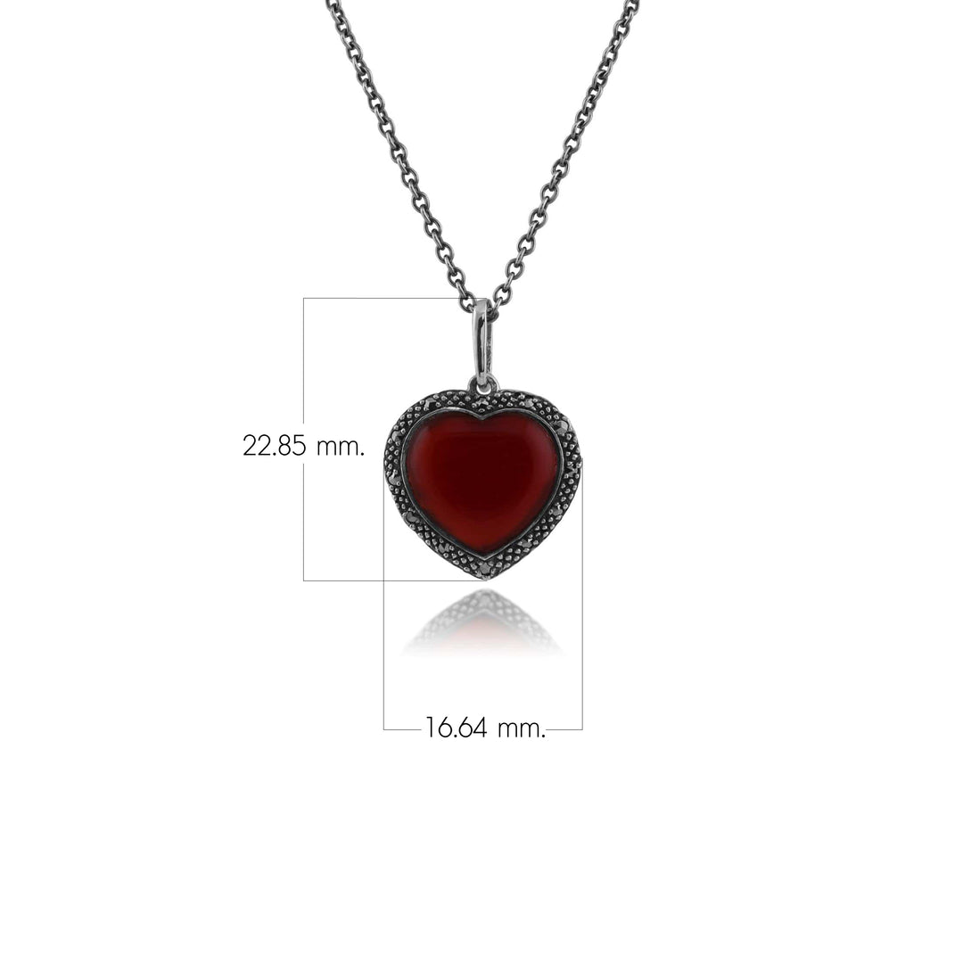 Art Deco Stil Herz Karneol &amp; Markasit Halo Liebesherz Anhänger in 925 Sterling Silber