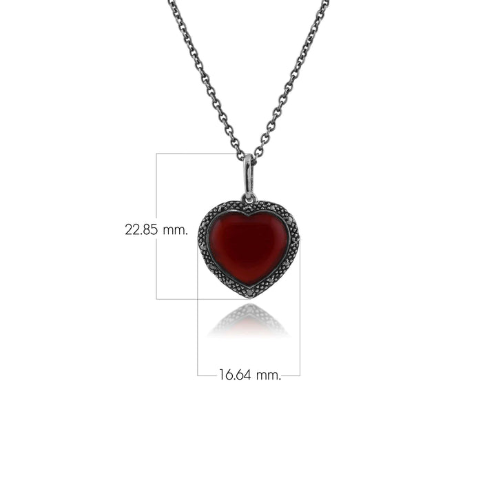 Art Deco Stil Herz Karneol &amp; Markasit Halo Liebesherz Anhänger in 925 Sterling Silber