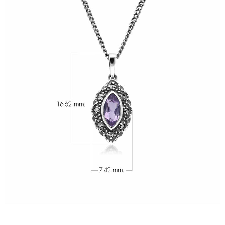 Marquise-Amethyst &amp; Markasit-Anhänger im Art-Deco-Stil aus 925er Sterlingsilber