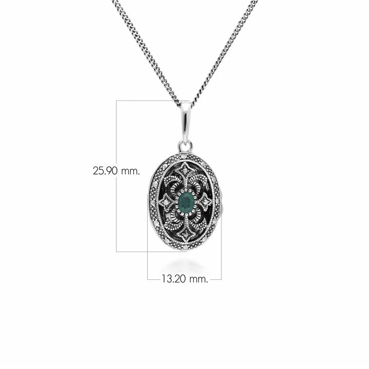 Ovale Medaillon-Halskette mit Smaragden und Markasit im Jugendstil aus 925er Sterlingsilber