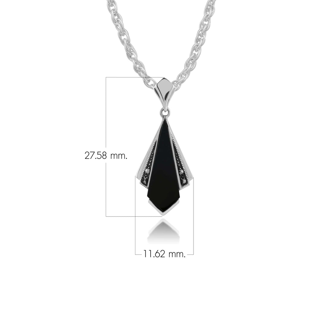 Fächeranhänger im Art-Deco-Stil aus schwarzem Onyx und Markasit in 925er Sterlingsilber