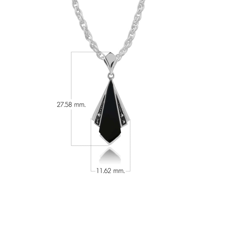 Fächeranhänger im Art-Deco-Stil aus schwarzem Onyx und Markasit in 925er Sterlingsilber