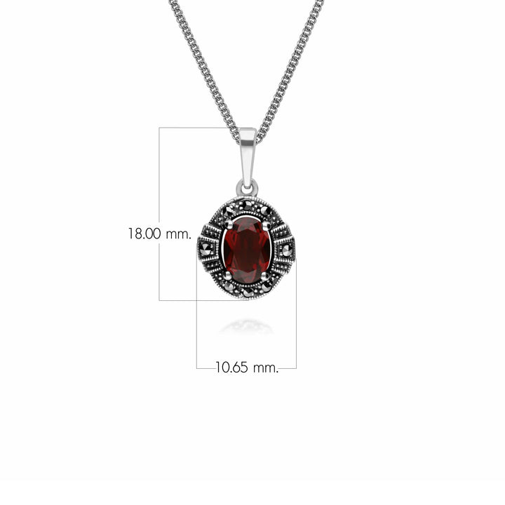 Ovaler Granat- &amp; Markasit-Halo-Anhänger im Art-Deco-Stil aus 925er Sterlingsilber