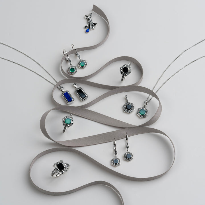 Sechseckiger Onyx- und Markasitring im Art-Deco-Stil aus Sterlingsilber