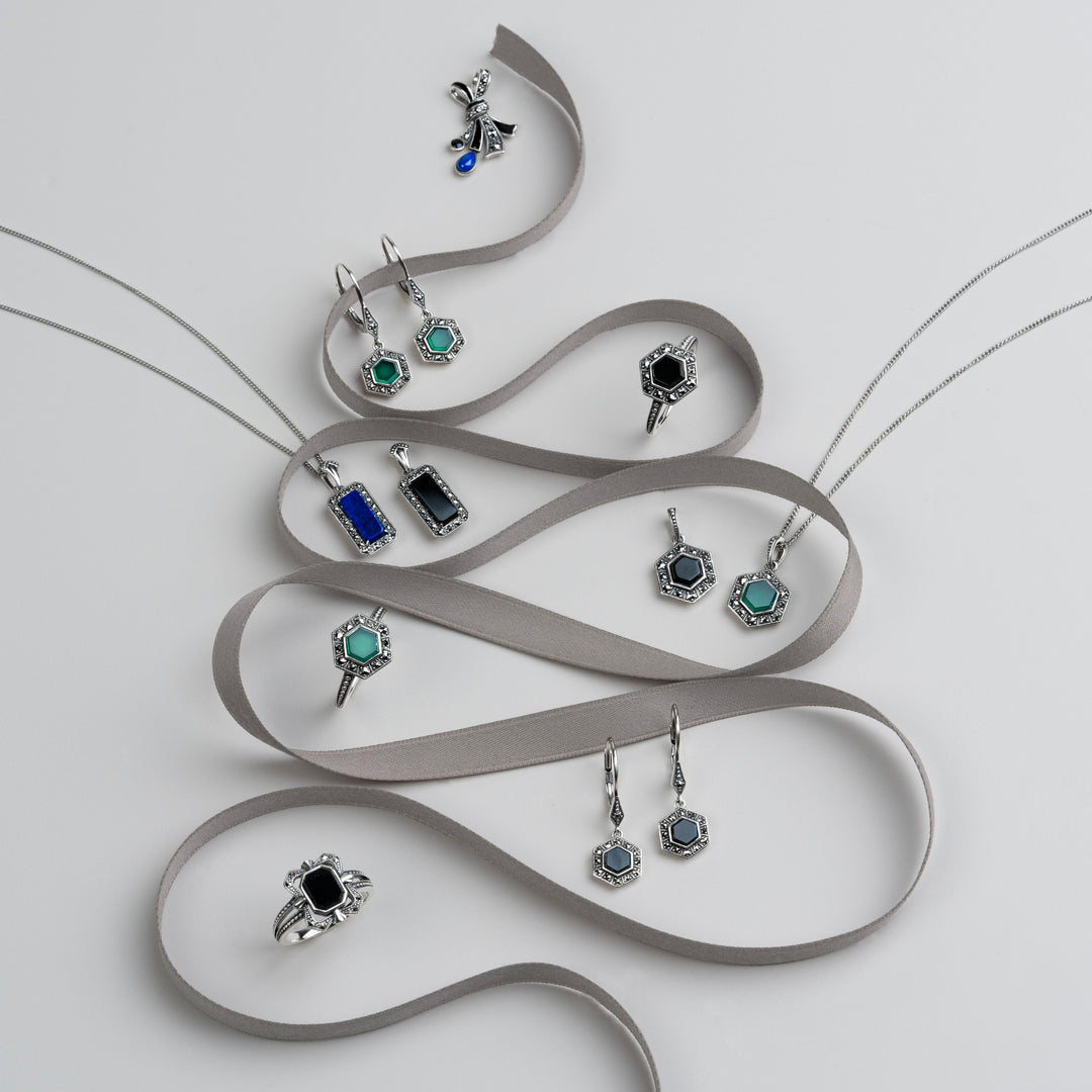 Sechseckiger Chalcedon- und Markasitring im Art-Deco-Stil aus Sterlingsilber