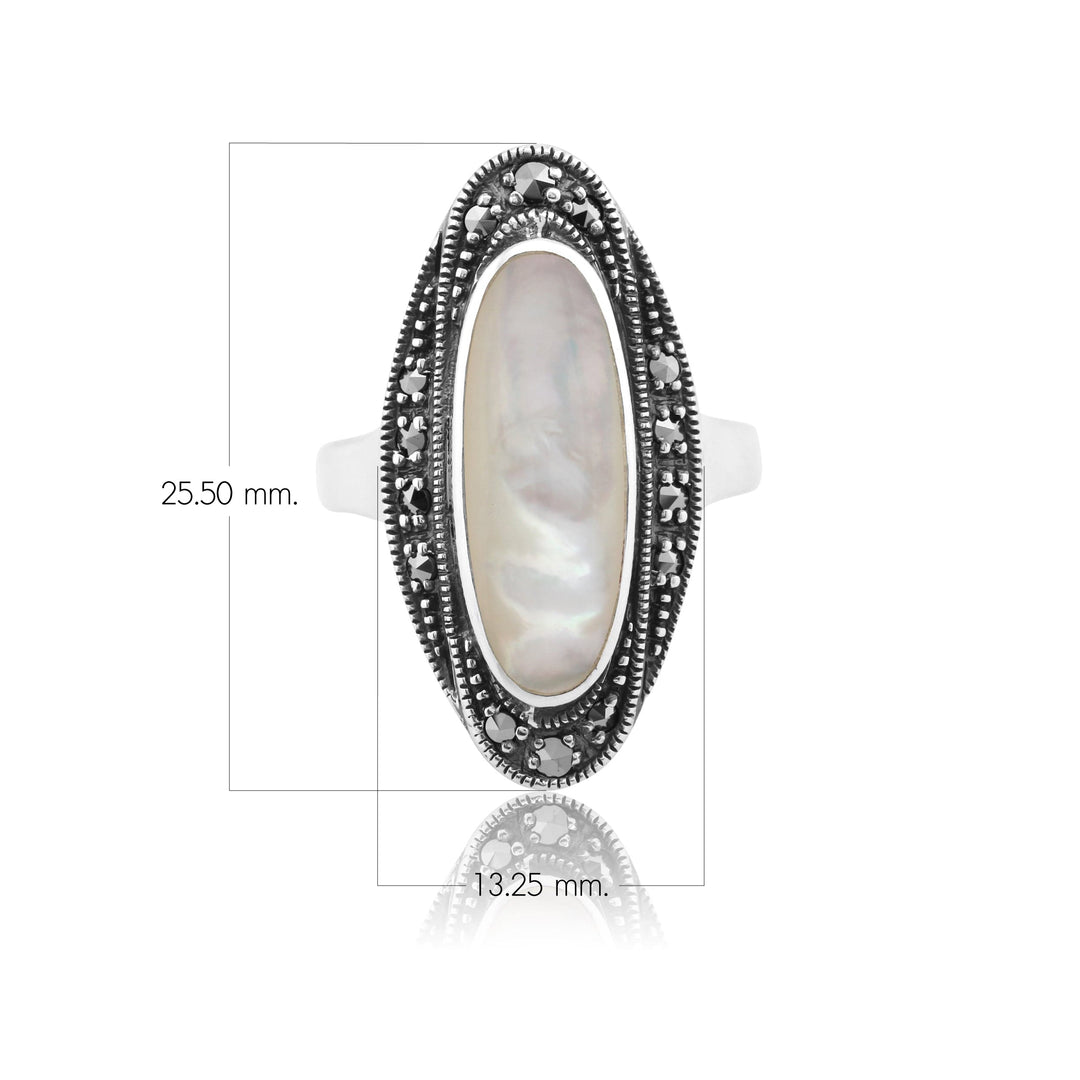Perlmutt-Cabochon &amp; Markasit-Ring im Art-Deco-Stil aus 925er Sterlingsilber