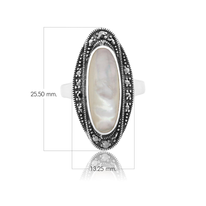 Perlmutt-Cabochon &amp; Markasit-Ring im Art-Deco-Stil aus 925er Sterlingsilber