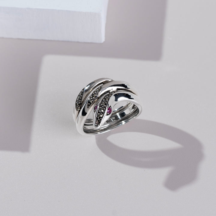 Runder Rubin- & Markasit-Schlangenring im Jugendstil aus 925er Sterlingsilber