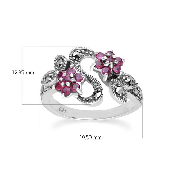 Runder Rubin- & Markasit-Blumenring im Jugendstil aus Sterlingsilber