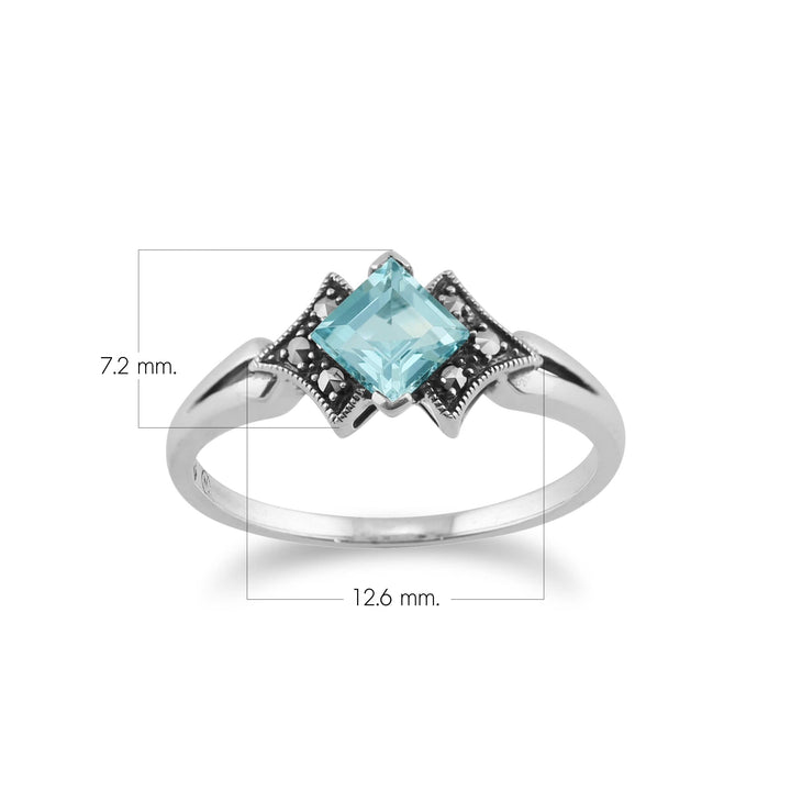 Quadratischer Ring im Art-Deco-Stil mit blauem Topas und Markasit aus 925er Sterlingsilber