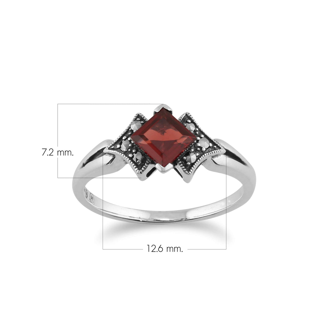 Quadratischer Granat- und Markasit-Ring im Art-Deco-Stil aus 925er Sterlingsilber