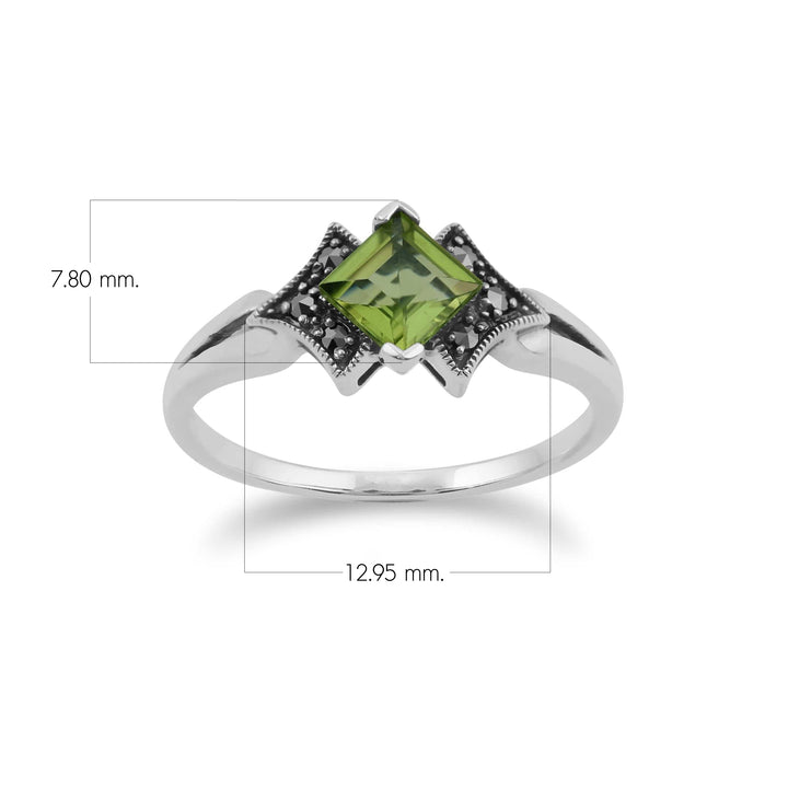 Quadratischer Peridot- und Markasit-Ring im Art-Deco-Stil aus 925er Sterlingsilber