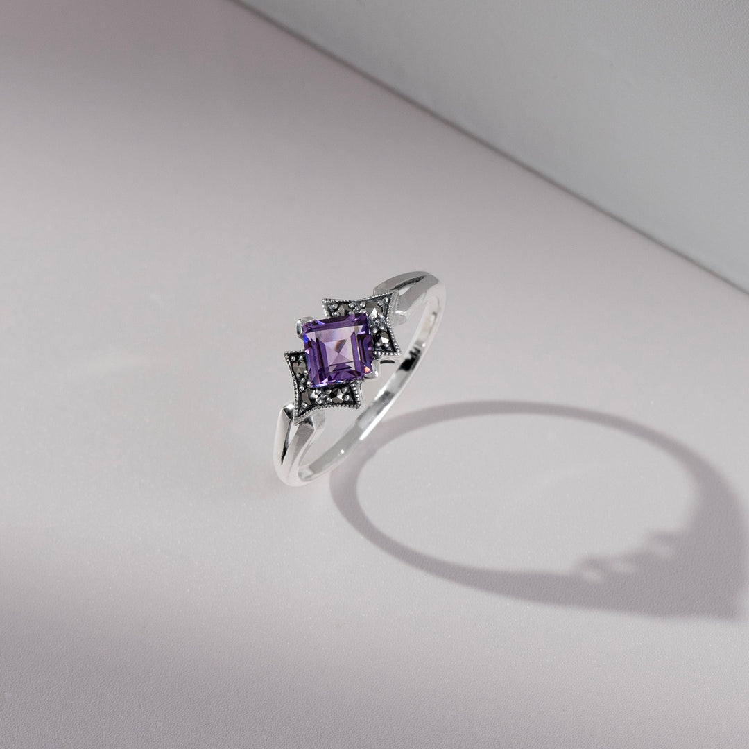 Quadratischer Amethyst- und Markasit-Ring im Art-Deco-Stil aus 925er Sterlingsilber