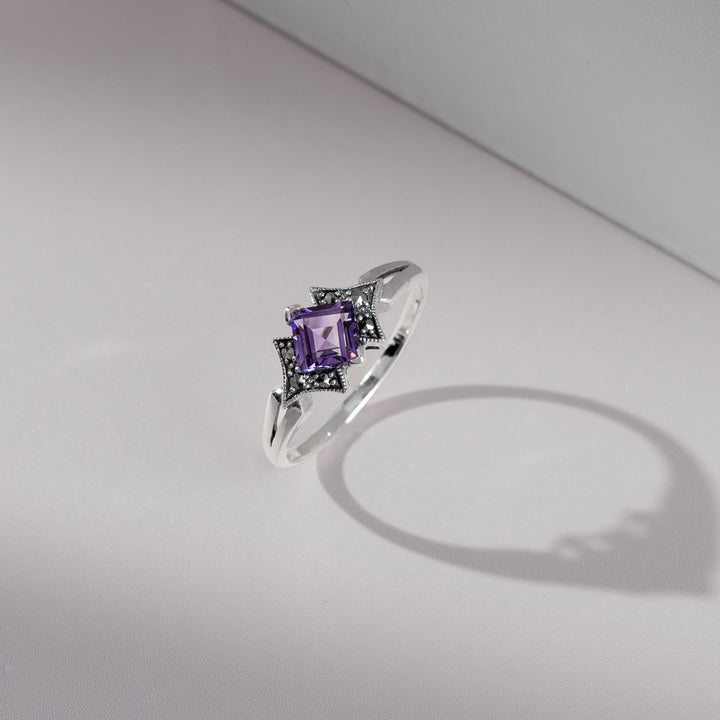 Quadratischer Amethyst- und Markasit-Ring im Art-Deco-Stil aus 925er Sterlingsilber