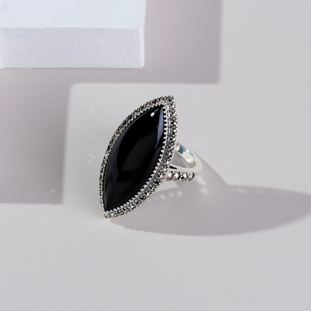 Marquise-Statement-Ring mit schwarzem Onyx und Markasit im Art-Deco-Stil aus 925er Sterlingsilber