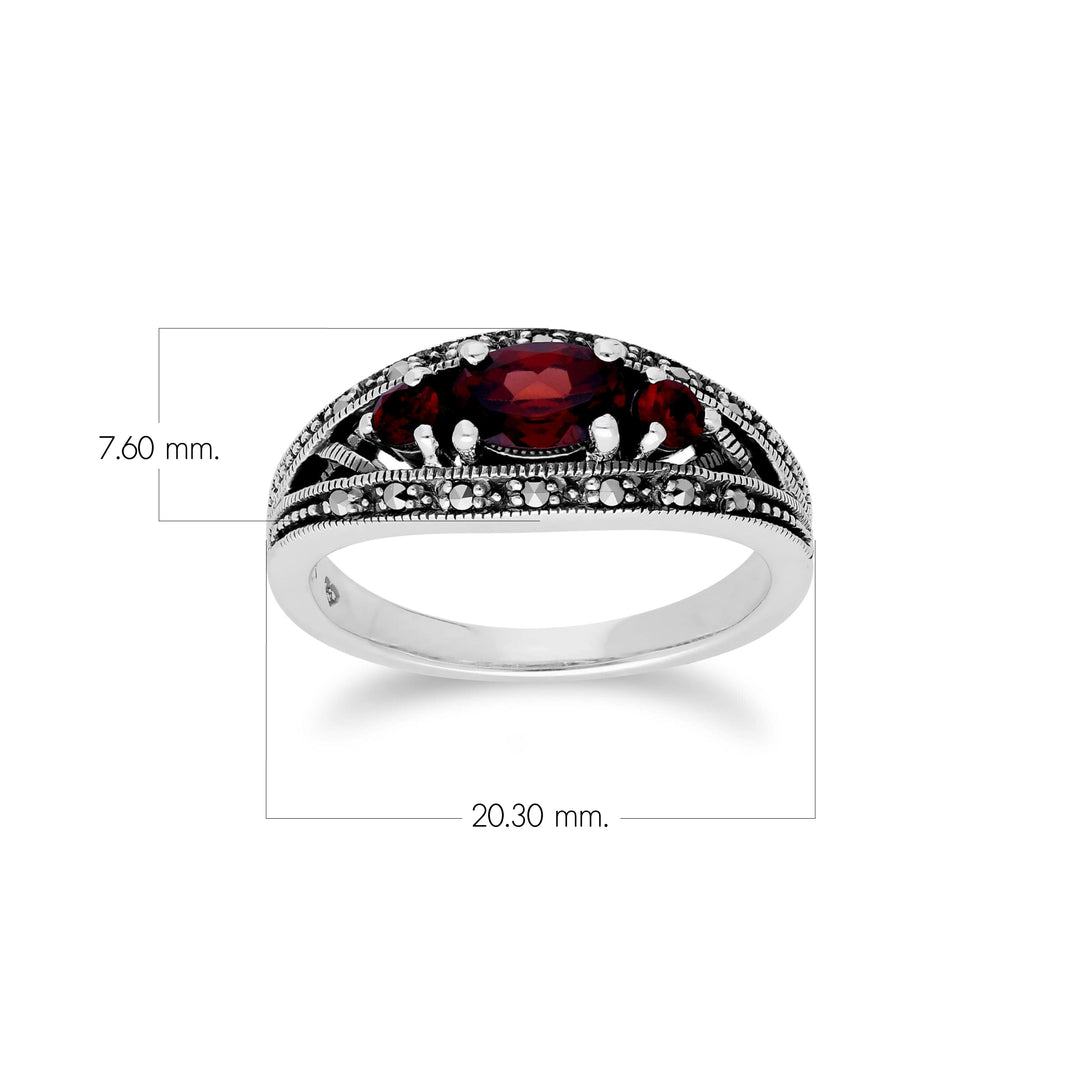 Ovaler Granat-Markasit-Drei-Steine-Ring im Art-Deco-Stil aus 925er Sterlingsilber