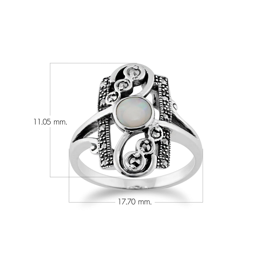 Jugendstil-Silberring mit rundem Opal und Markasit-Spiralrahmen