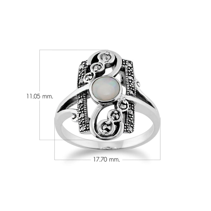 Jugendstil-Silberring mit rundem Opal und Markasit-Spiralrahmen