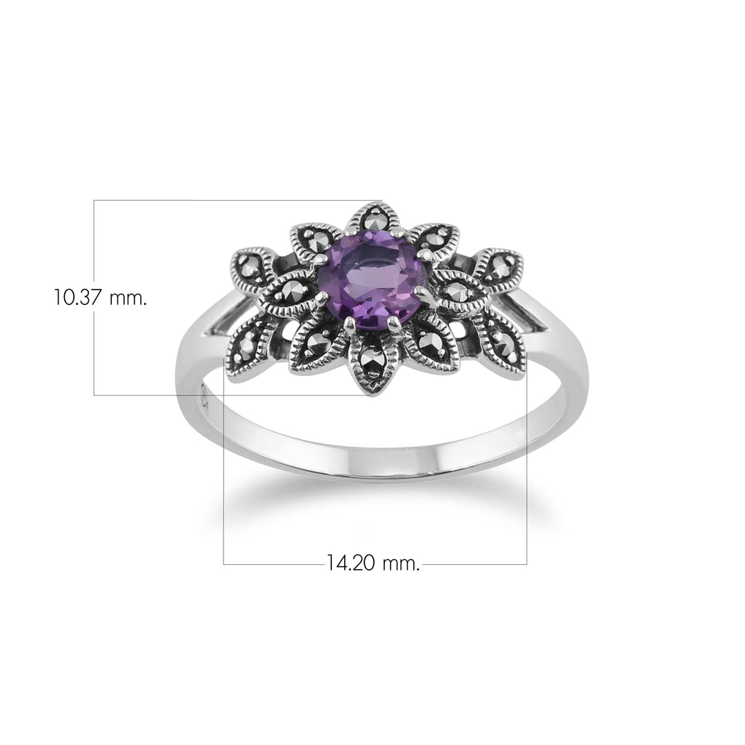 Runder Blumenring im Jugendstil mit Amethyst und Markasit aus 925er Sterlingsilber
