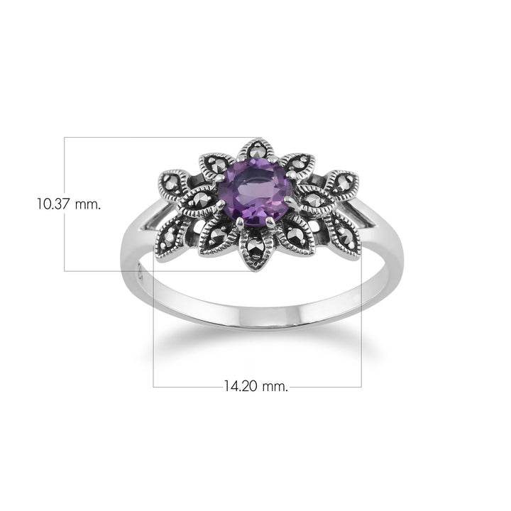 Runder Blumenring im Jugendstil mit Amethyst und Markasit aus 925er Sterlingsilber