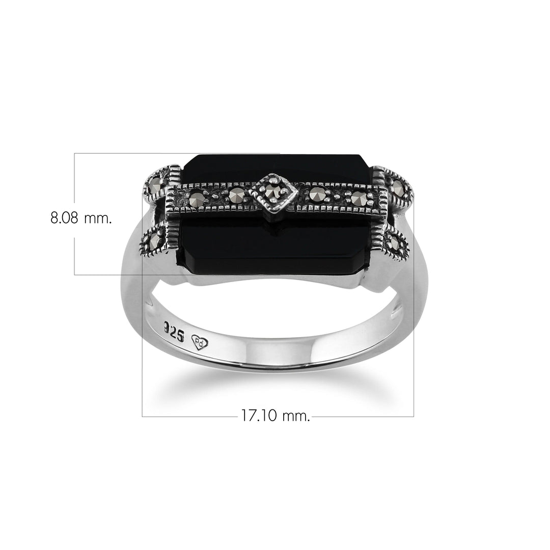 Rechteckiger Bar-Ring aus schwarzem Onyx und Markasit im Art-Deco-Stil aus 925er Sterlingsilber