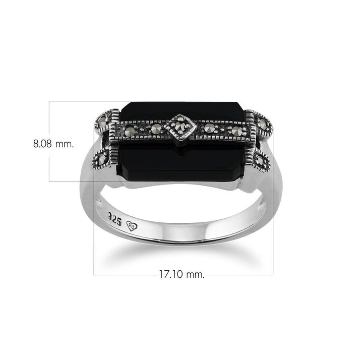 Rechteckiger Bar-Ring aus schwarzem Onyx und Markasit im Art-Deco-Stil aus 925er Sterlingsilber