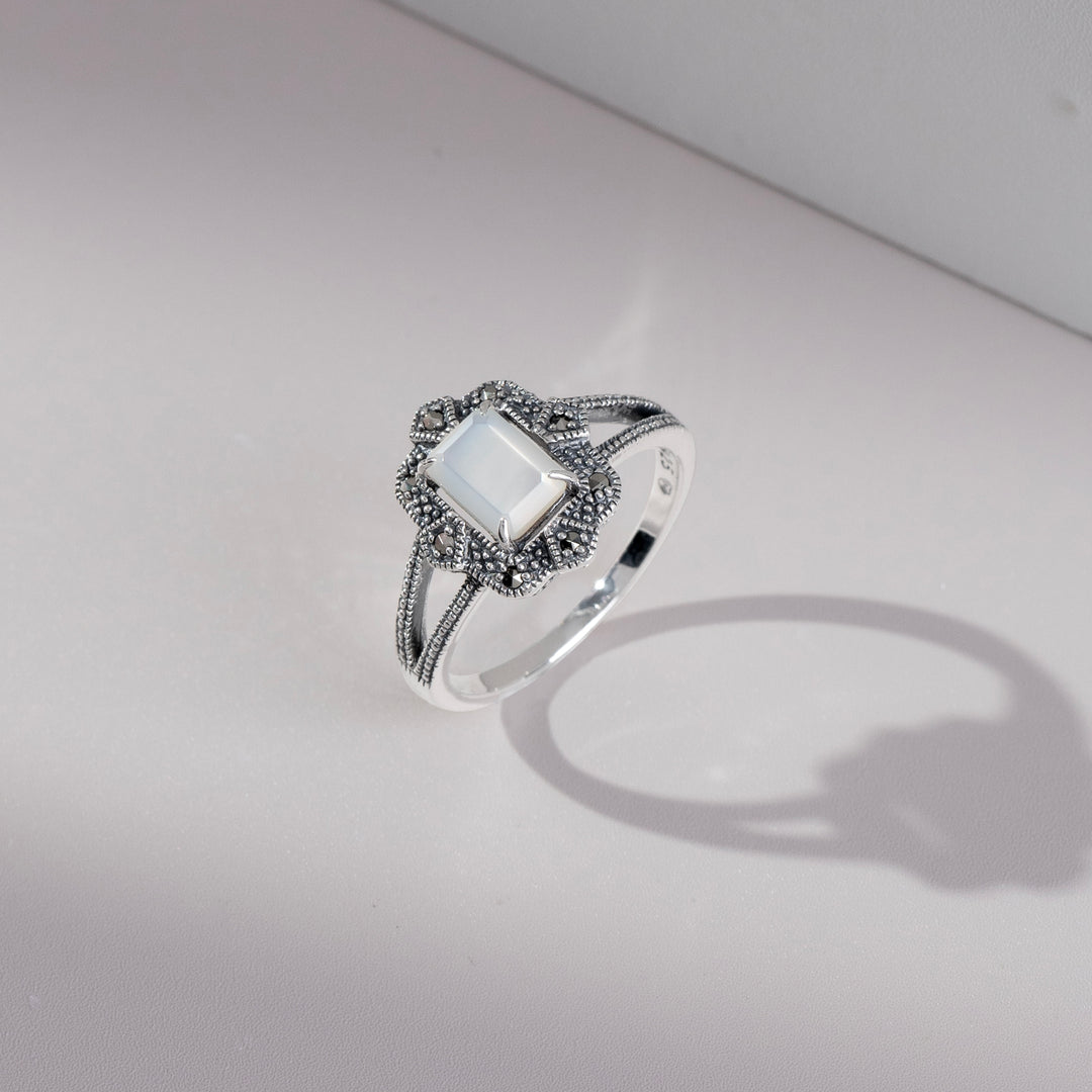 Baguette-Perlmutt- und Markasit-Ring im Art-Deco-Stil aus 925er Sterlingsilber