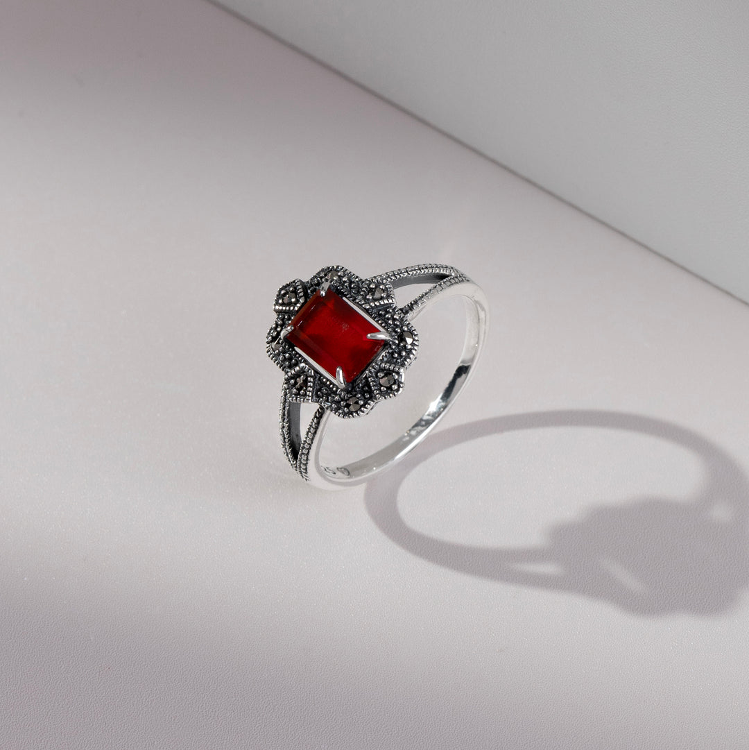 Baguette-Karneol- und Markasit-Ring im Art-Deco-Stil aus 925er Sterlingsilber