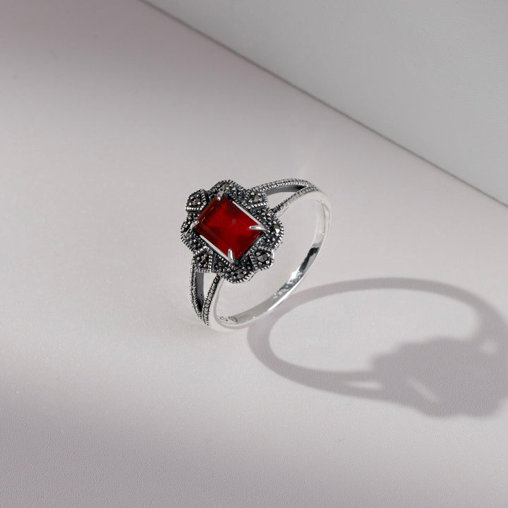 Baguette-Karneol- und Markasit-Ring im Art-Deco-Stil aus 925er Sterlingsilber