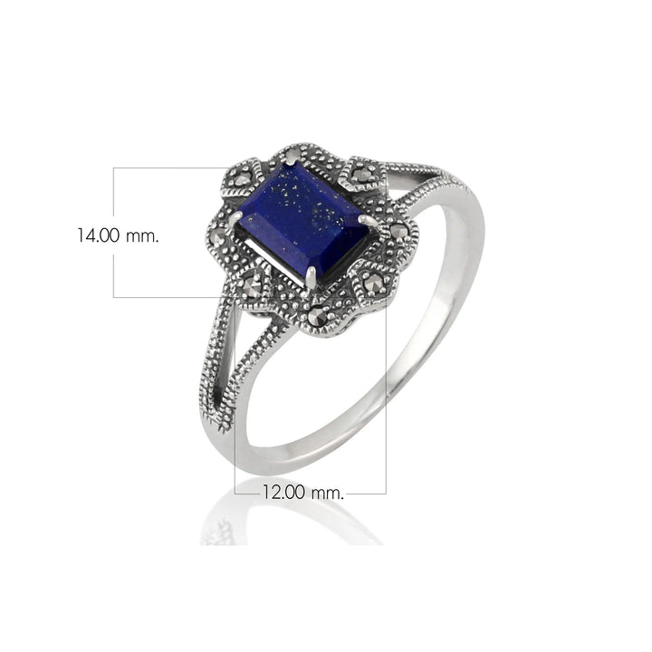 Baguette-Lapislazuli- und Markasit-Ring im Art-Deco-Stil aus 925er Sterlingsilber