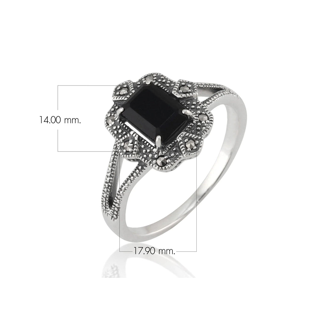 Baguette-Ring im Art-Deco-Stil mit schwarzem Spinell und Markasit in Silber