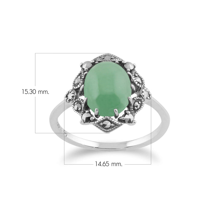 Ovaler grüner Jade-Cabochon & Markasit-Statement-Ring im Jugendstil