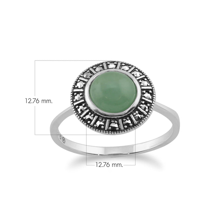 Runder Halo-Ring aus milchigem Aquamarin-Cabochon und Markasit-Silber im Art-Deco-Stil