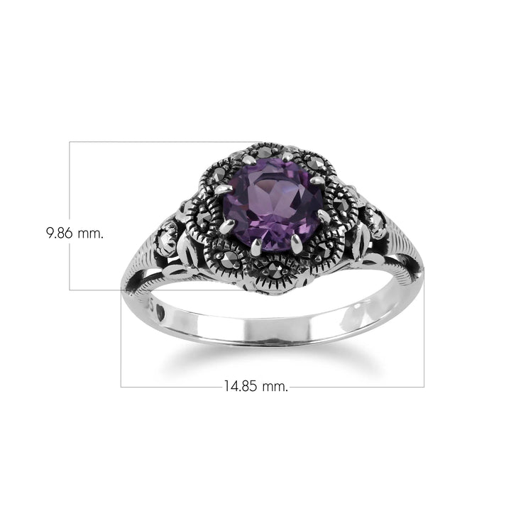 Runder Amethyst- & Markasit-Blumenring im Jugendstil aus Sterlingsilber