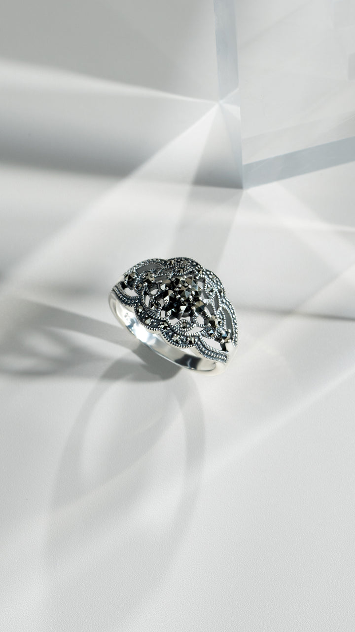 Runder Markasit-Cluster-Ring im Jugendstil aus 925er Sterlingsilber