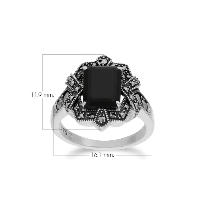 Baguette-Ring im Art-Deco-Stil mit schwarzem Onyx und Markasit aus 925er Sterlingsilber