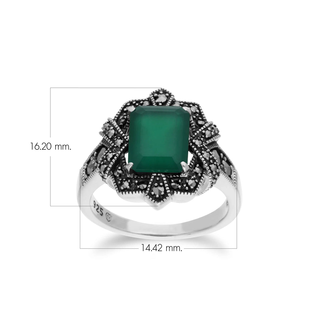 Baguette-Ring im Art-Deco-Stil mit grünem Chalcedon und Markasit aus 925er Sterlingsilber