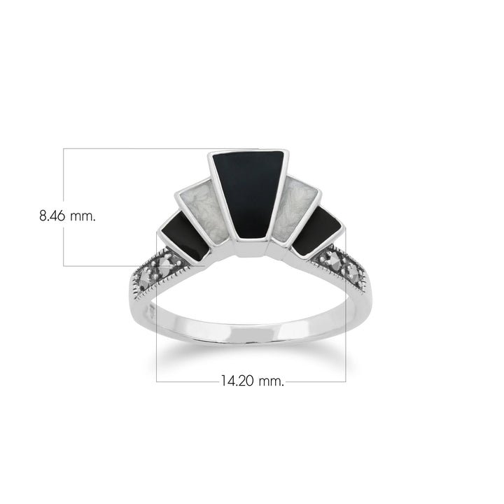 Fächerring im Art-Deco-Stil mit Markasit und schwarz-weißem Emaille-Verlauf in 925er Sterlingsilber