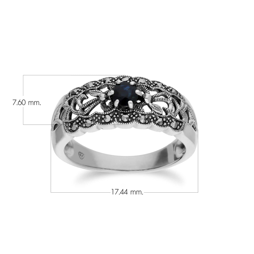 Runder Saphir- und Markasit-Blumenbandring im Jugendstil aus Sterlingsilber