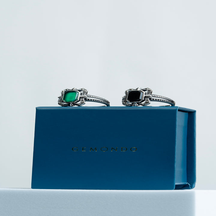 Art Deco Ring aus Baguette-Onyx und Markasit in Sterlingsilber