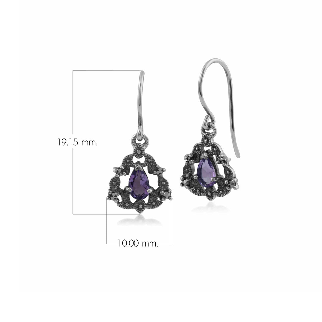 Birnen-Amethyst & Markasit-Girlanden-Tropfenohrringe im Jugendstil in 925 Sterlingsilber
