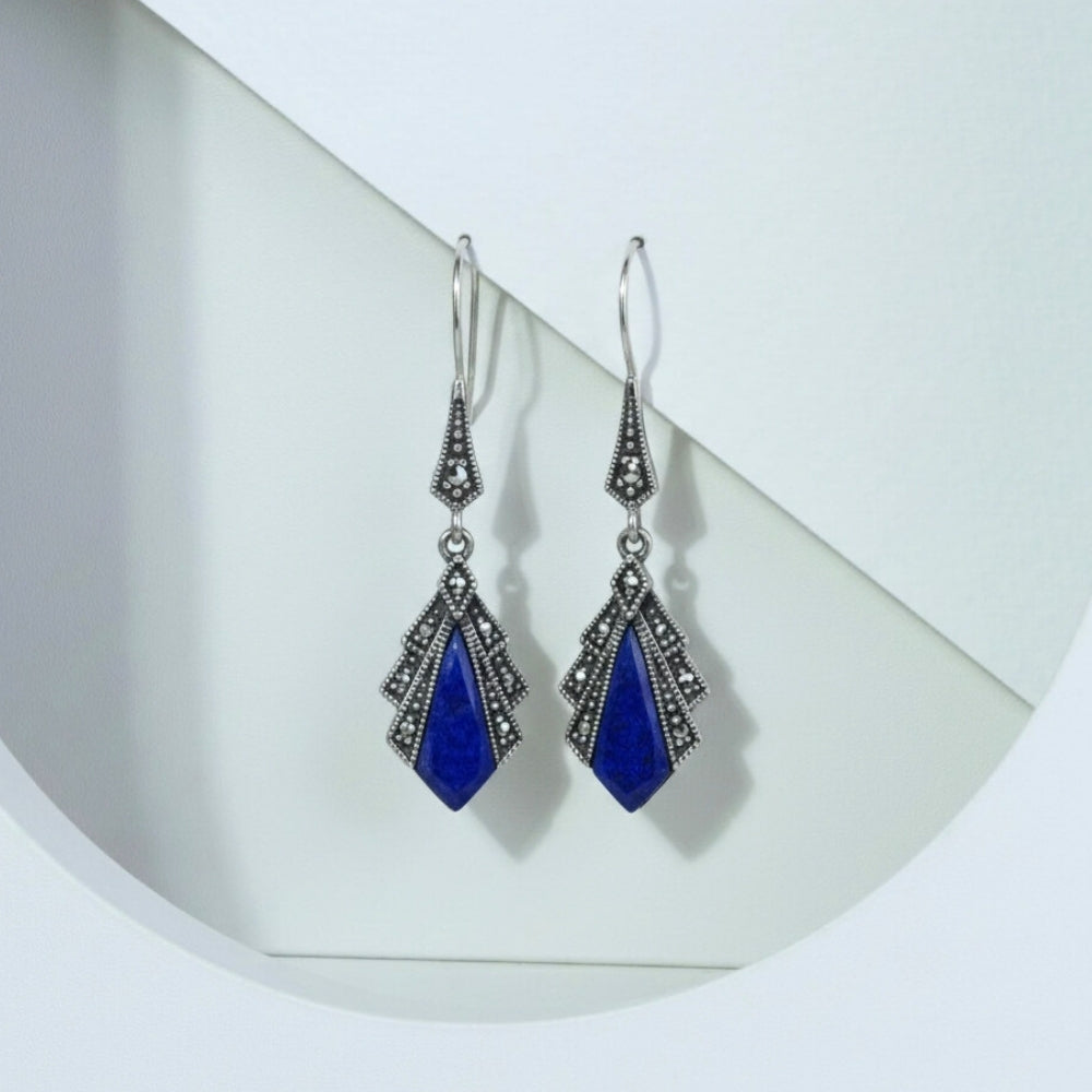 Diamant-Lapislazuli- und Markasit-Tropfenohrringe im Art-Deco-Stil aus 925er Sterlingsilber