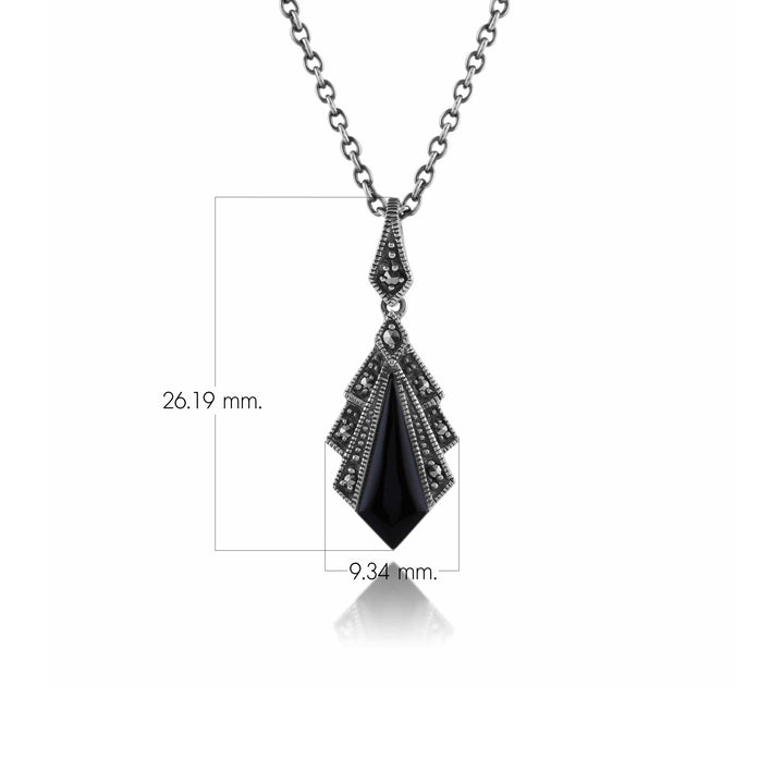 Schwarzer Onyx &amp; Markasit-Anhänger im Art-Deco-Stil aus 925er Sterlingsilber